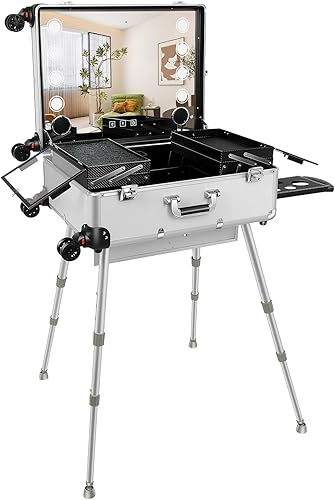 Caja de aluminio del tren del maquillaje de la carretilla con la luz LED cosmética profesional 24 '' maquillaje organizador estudio, plateado, Moda