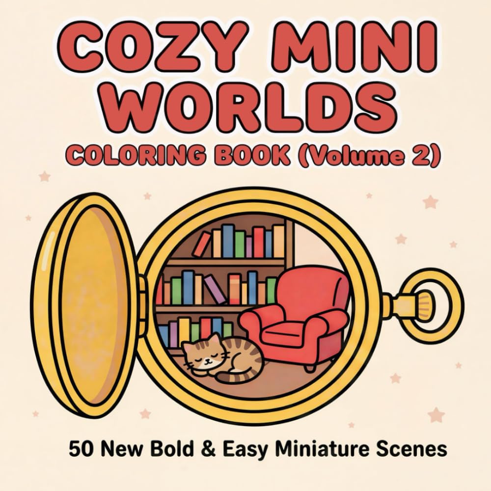 Cozy Mini Worlds: Volume 2 – A Bold & Easy Coloring Book with 50 Cute Miniature Scenes Hidden Inside Everyday Objects for Stress Relief and Relaxation (Perfect for Adults & Teens)