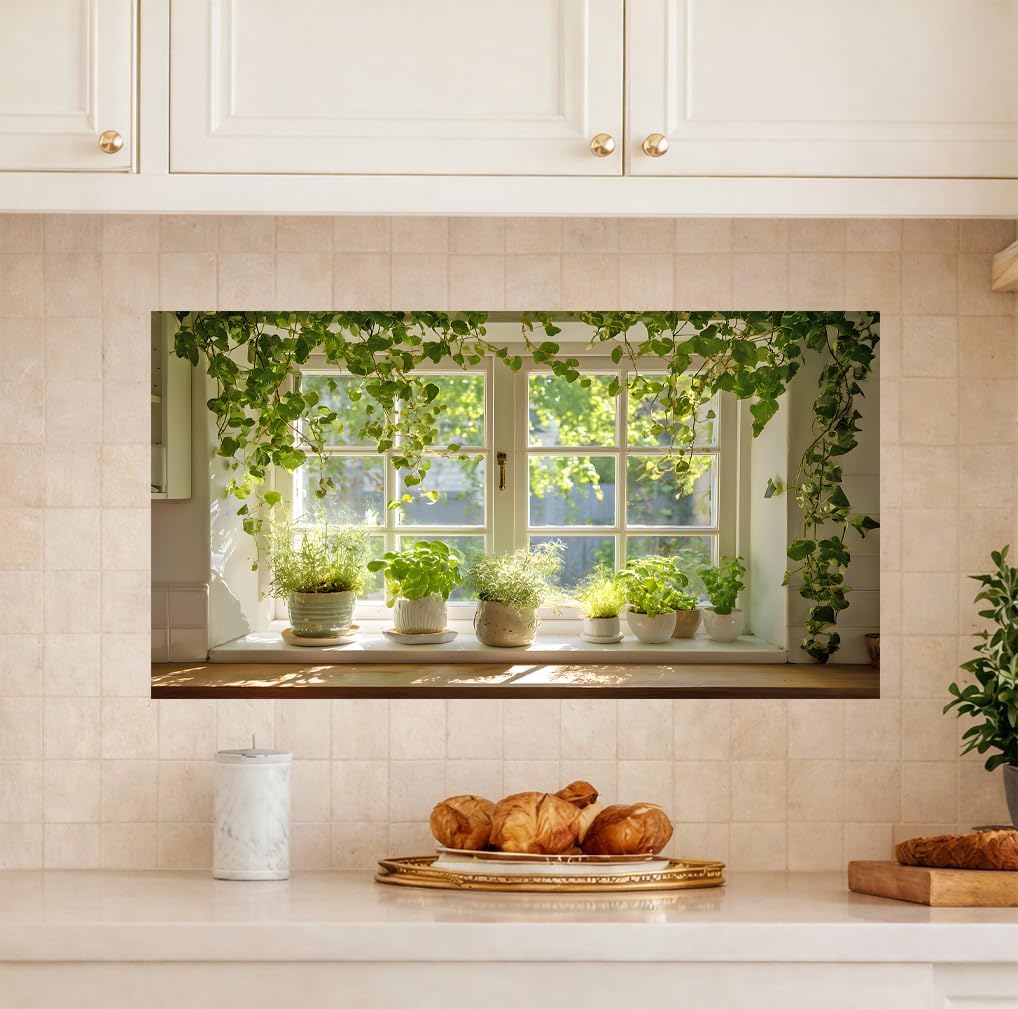 Kitchen Wallpaper 17.3x27.9 Inch Spring Summer Green Plant Window Scene PVC Peel and Stick Oil-Proof Wall Decal for Stove Counter Cabinet Backsplash Home Kitchen Decoration