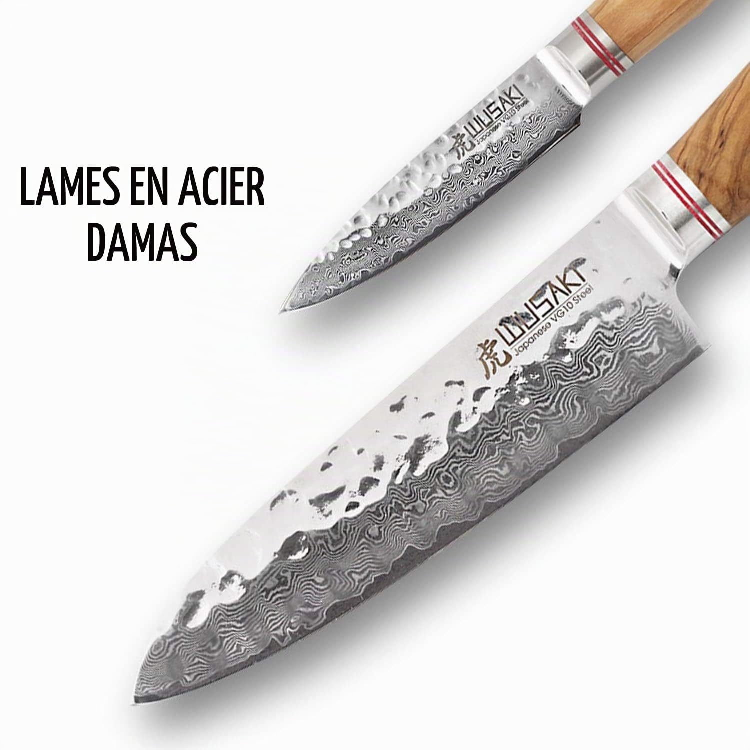 Wusaki Damas 10Cr Coffret de 2 couteaux de cuisine : santoku + couteau d'office - Lames damassées et manches en bois d'olivier