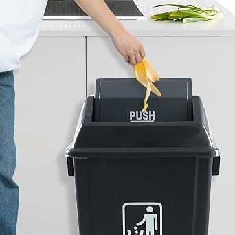 13 Gallon Plastic Trash Can with Lid, 4-Pack Garbage Can, Gray | swing top design avoids touching the bin, sturdy structure, ideal for kitchen, office and commercial break room use