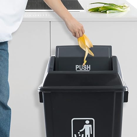 13 Gallon Plastic Trash Can with Lid, 4-Pack Garbage Can, Gray | swing top design avoids touching the bin, sturdy structure, ideal for kitchen, office and commercial break room use