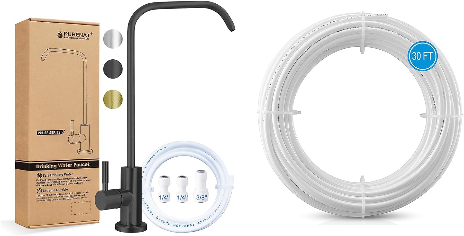 Drinking Water Faucet(Matte Black - 7" Shape) +30FT 1/4 Inch O.D.RO Water Tubing, Lead-Free Drinking Water Faucet with BPA Free Flexible Plastic Hose(White)