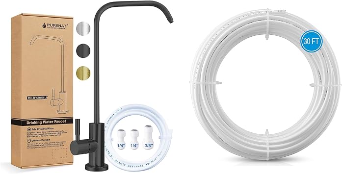 Drinking Water FaucetMatte Black - 7" Shape +30FT 1/4 Inch O.D.RO Water Tubing, Lead-Free Drinking Water Faucet with BPA Free Flexible Plastic HoseWhite