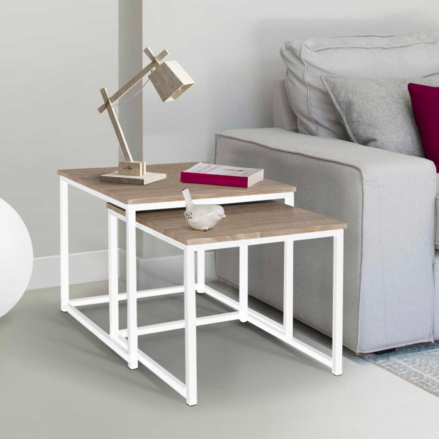 IDMarket - 2 mesas de centro Detroit 40/45, diseño industrial, madera y metal, color blanco