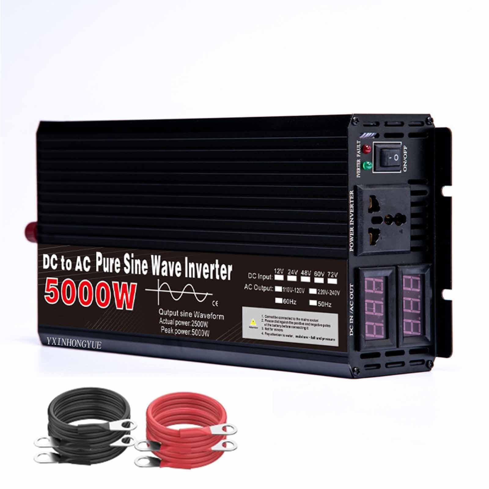 2500W 12V 24V 48V TO 110V 240V Pure Sine Wave Power Inverter DC TO AC Converter with 2 LCD Display 1 AC Outlets for RV Solar System Low Frequency Car Solar Inverter