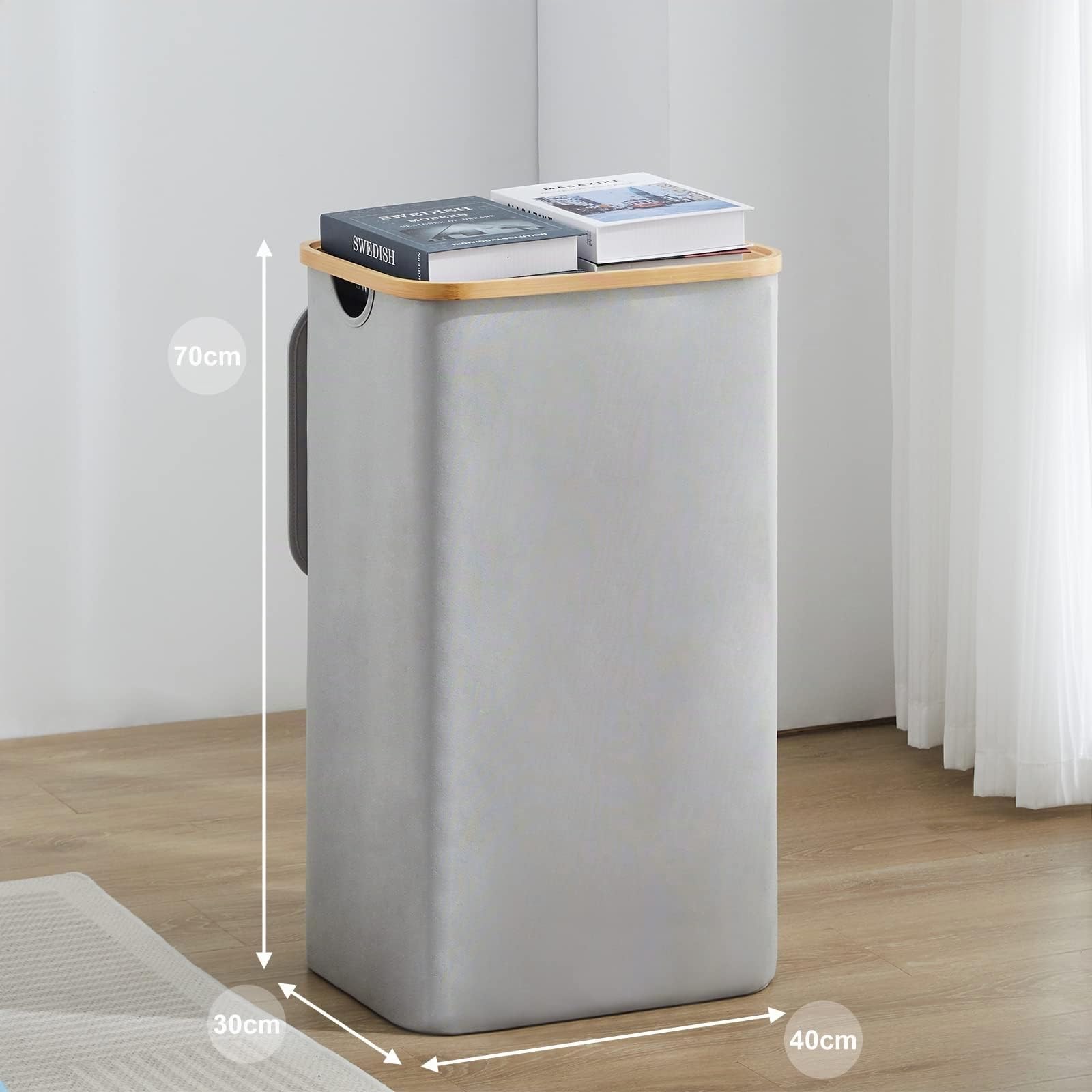 YOUDENOVA - Cesto portabiancheria con coperchio, 85 l, stretto, con sacco grande per la biancheria, pieghevole, in legno di bambù, grigio