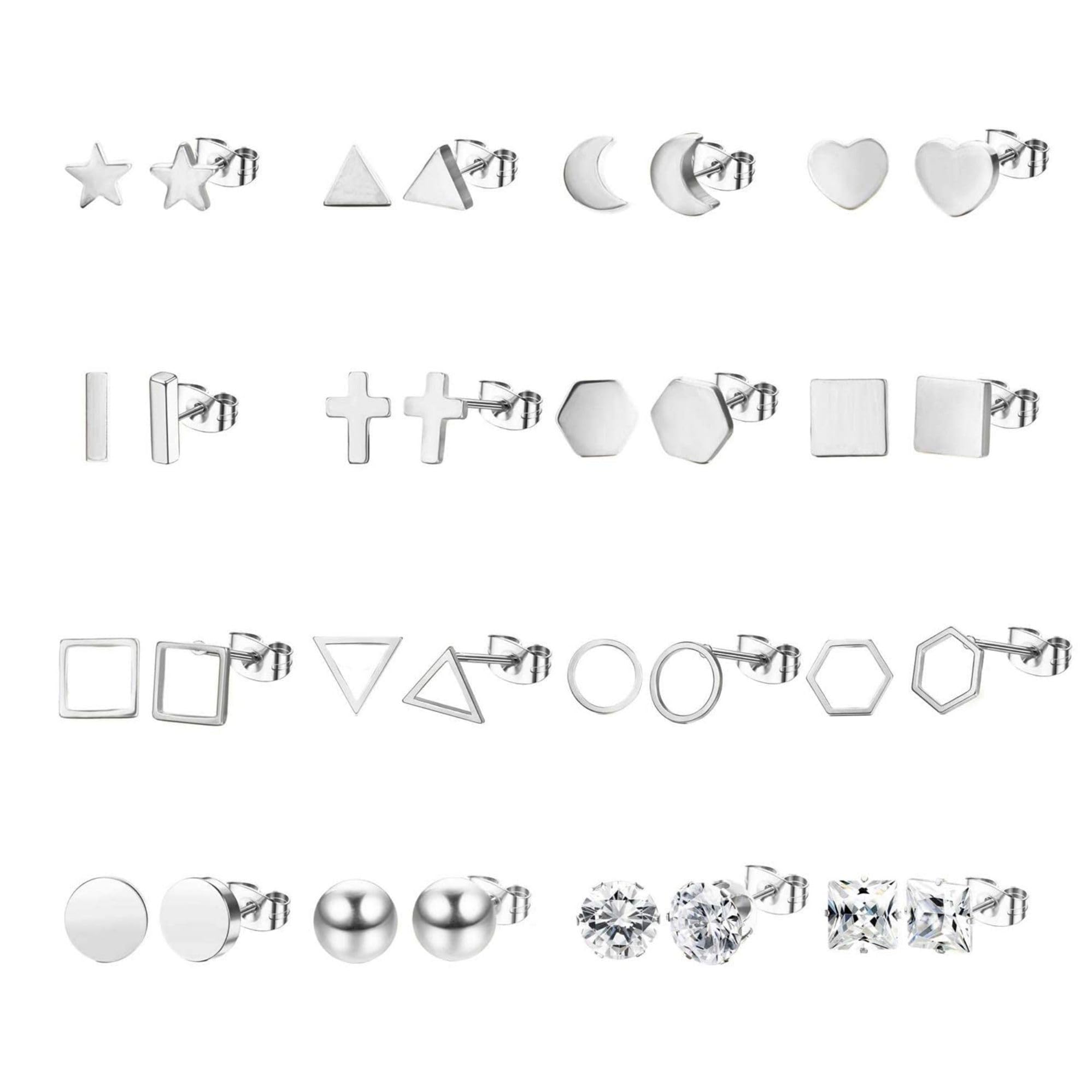 JeweBella Pequeños Pendientes Mujer Mini Pendientes Aro Colgantes con Cadena Acero inoxidable Luna Estrella Pendientes Hipoalergénico Zircon Mal de ojo Pendientes Conjunto Plata