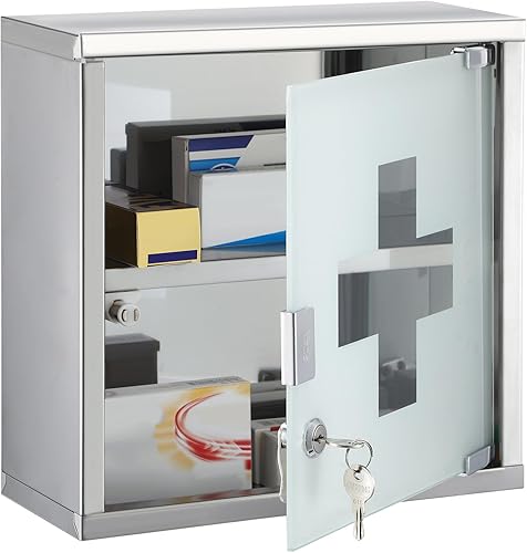 Armario de pared de primeros auxilios con cerradura, botiquín montado en la pared, gabinete médico colgante con puerta de vidrio de seguridad para