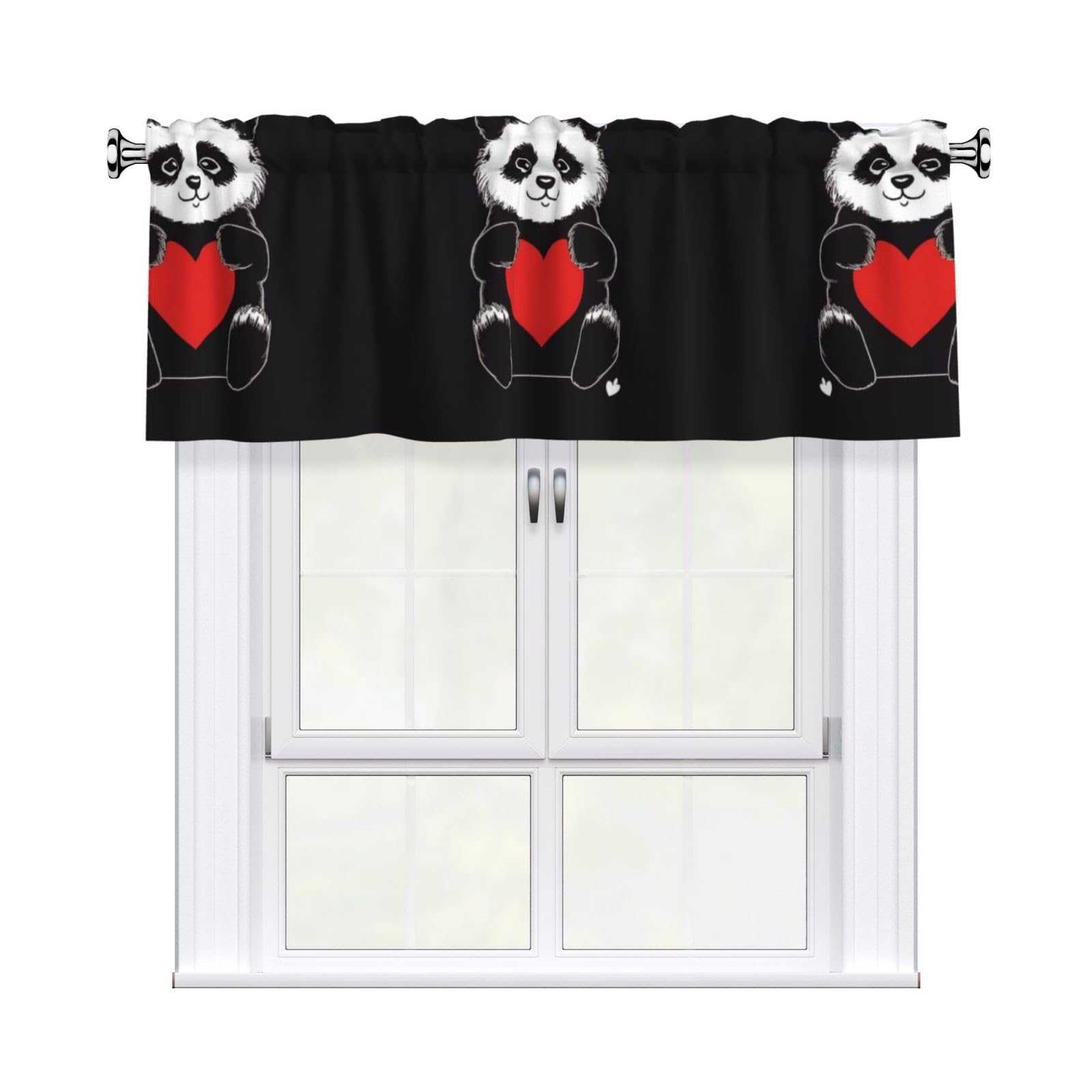 BTCOWZRV Panda Holding Heart Curtain Valance for Windows,Kitchen Window Curtains Blackout Drapes Window Treatments Decorative Rod Pocket Short Curtain for Living Room Bedroom,54" W x 18" L
