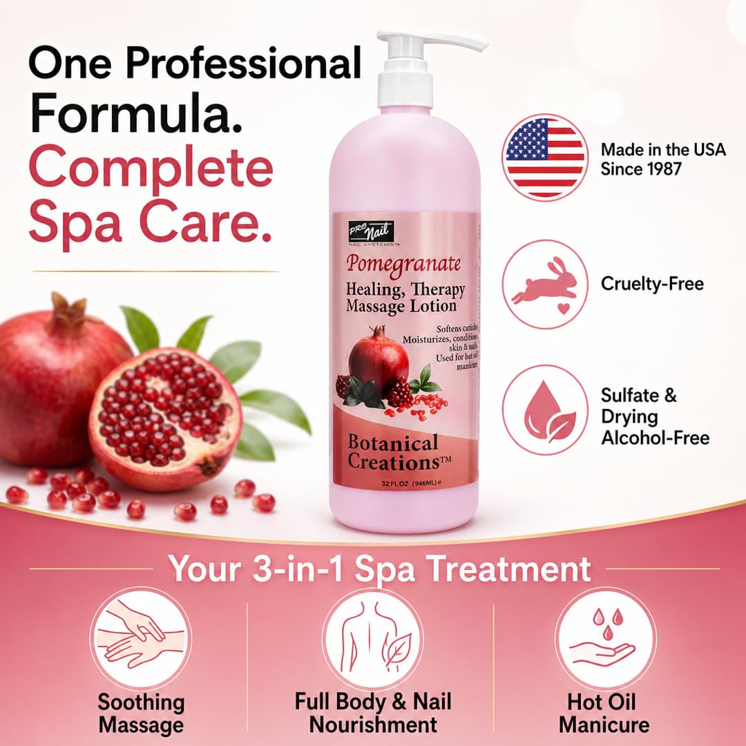 PRO NAIL Multi-Purpose Body & Nail Lotion - 3-in-1 Spa Treatment with Warmable Spa Therapy for Therapeutic Skin Repair, Heals Cracked Skin (Pomegranate, 32 Oz)