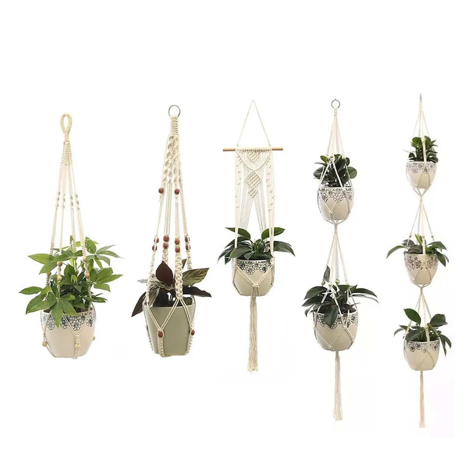 Suspension Macramé pour Plante Plante Suspendue à la Main Macramé Cintre Pot de Fleur Planteur Décoration Murale Cour Jardin Suspendu Panier Suspendu(Off White-E)