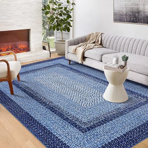 GAOMON Braided Rug 6x9 Washable Rug Braided Print Accent Rug Vintage Living Room Rug Low Pile Non Slip Indoor Carpet Non-Shedding Aesthetic Foldable Rug for Bedroom Farmhouse Office Nursery Navy