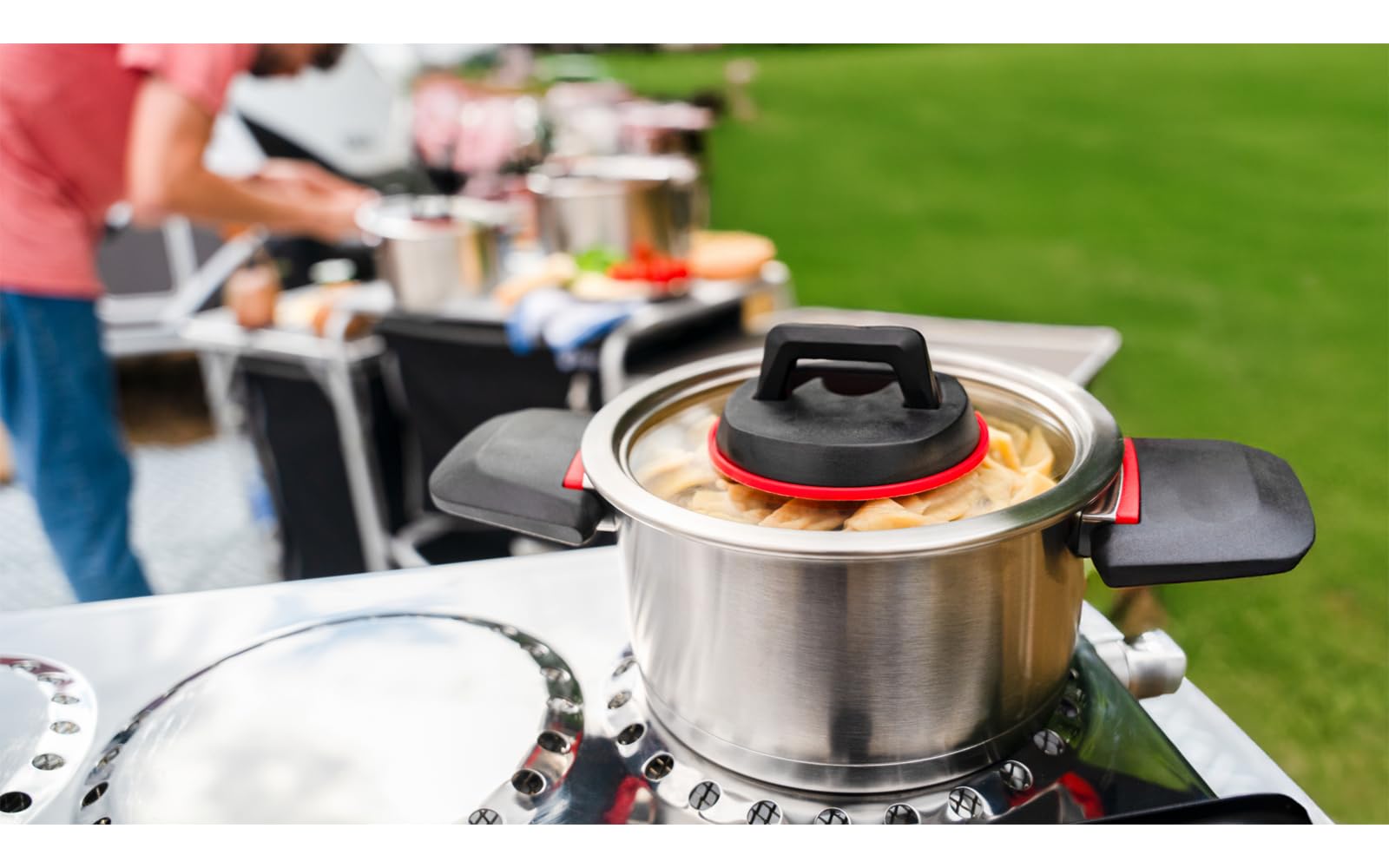 BERGER RedSilva Topfset Induktion 6-tlg. | Camping Kochgeschirr-Set aus Edelstahl | Kochtopf Set Outdoor mit Glasdeckel & klappbaren Griffen | Picknick Topf Geschirrset stapelbar