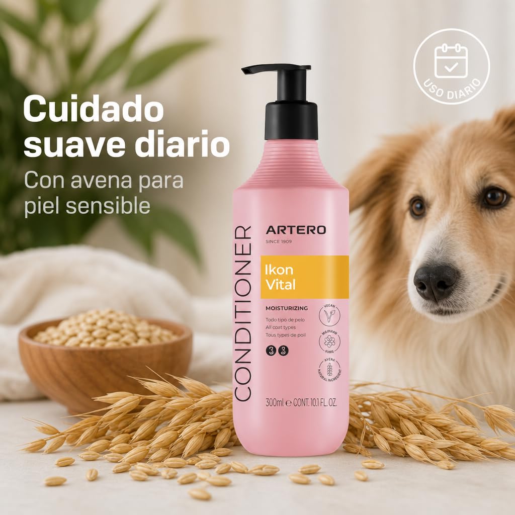 Artero Ikon Vital. Acondicionador para Perros. Hidrata, Suaviza y Protege el Manto. Enriquecido con Avena, Ideal para Pieles sensibles y mantos con Nudos o Tendencia al encrespamiento. (300 ml)