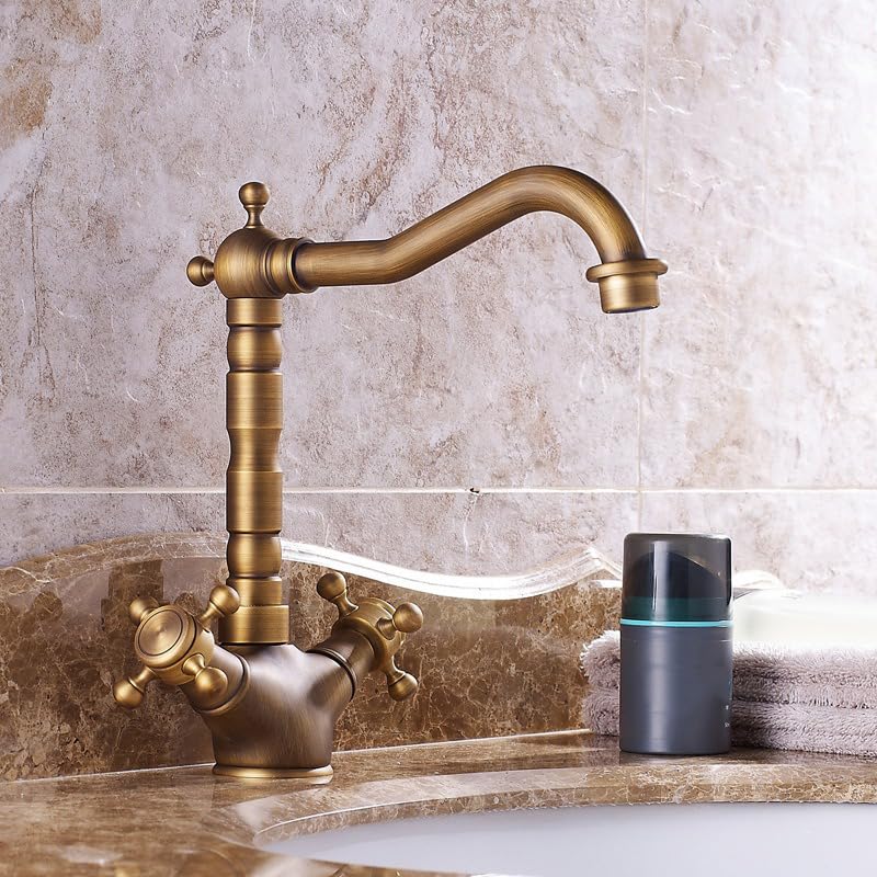 Grifo Baño Lavabo Vintage Grifo de Lavabo Bimando Vintage Grifo Lavabo Latón Antiguo Grifo Mezclador Agua Fría y Caliente, Corto