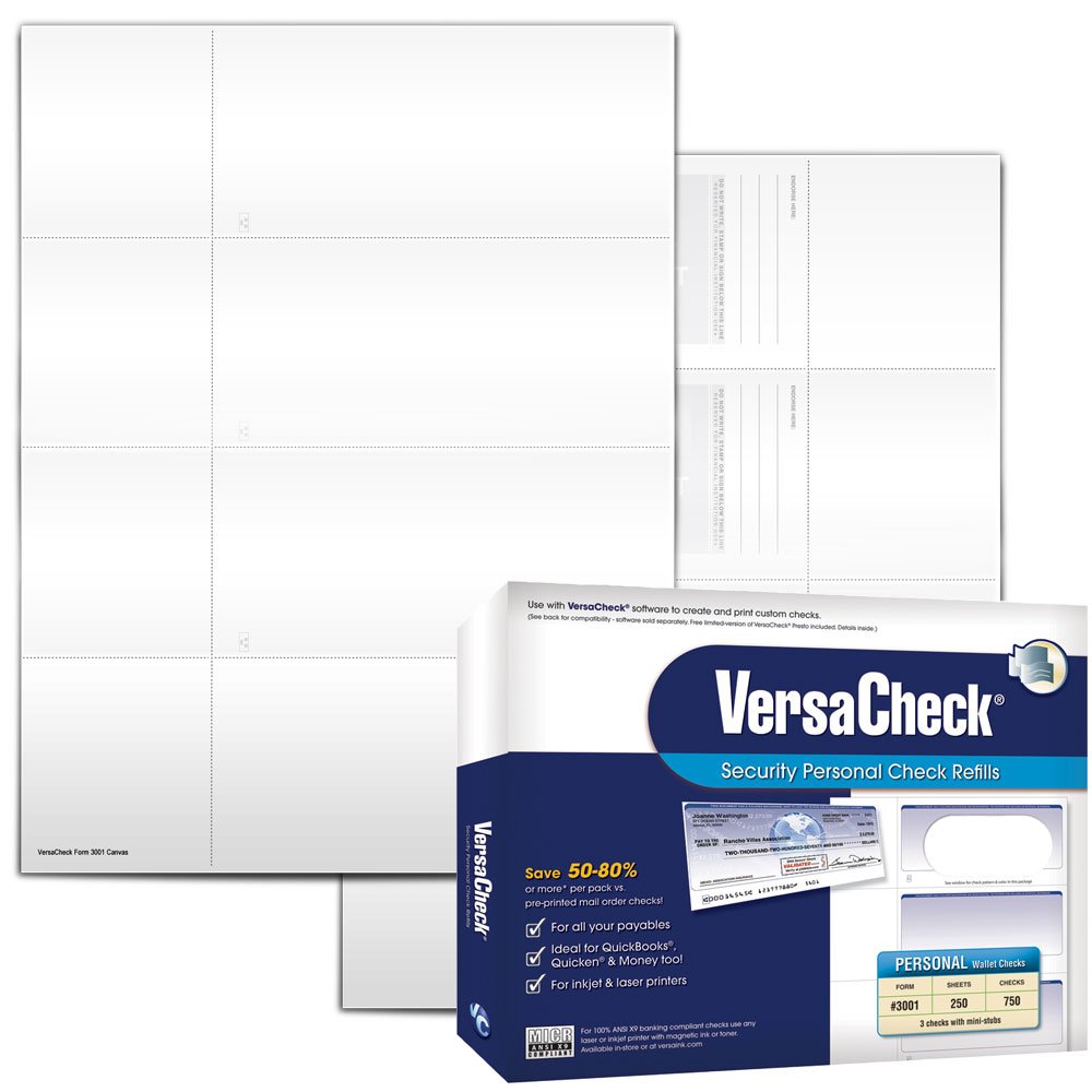 VersaCheck Security Personal Check Refills: Form #3001 Personal Wallet - White Canvas - 250 Sheets