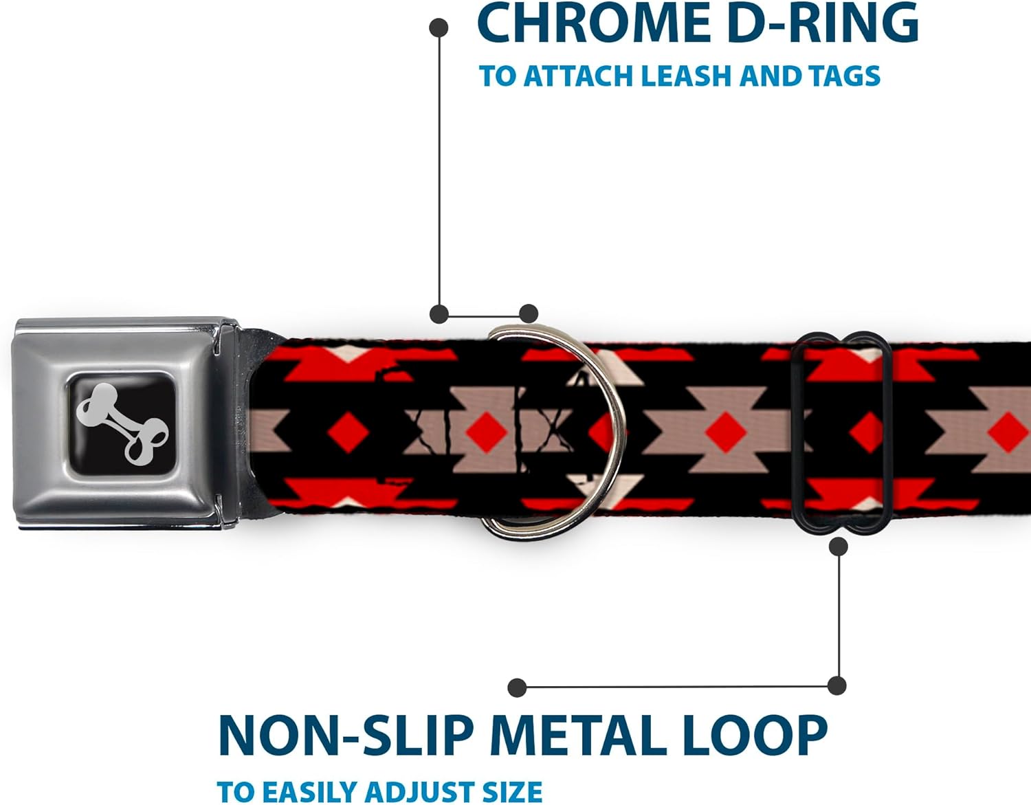 Dog Collar Seatbelt Buckle Navajo Red Black Gray Red 9 to 15 Inches 1.0 Inch Wide
