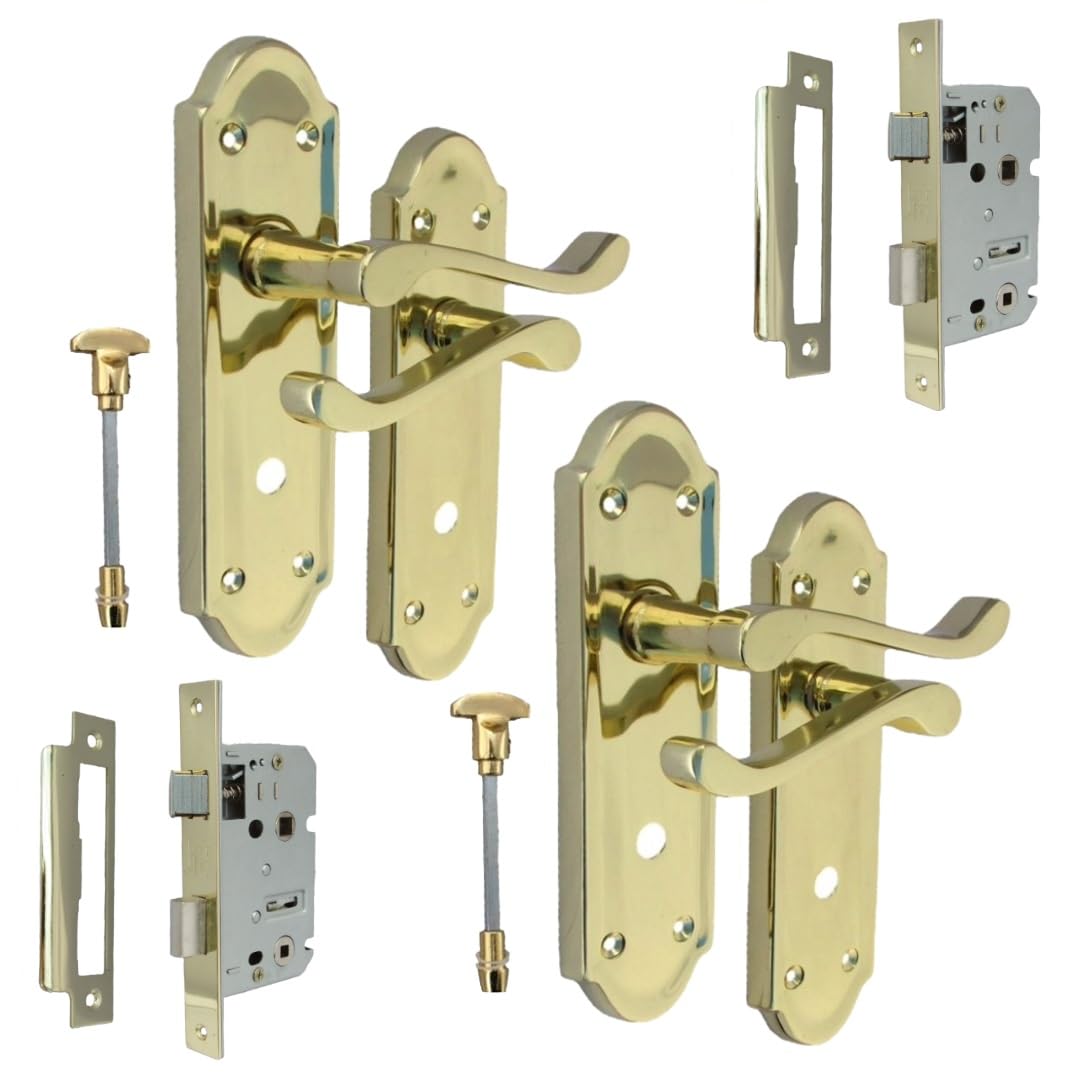 Epsom Door Handle Yellow Victorian Style Brass Plated Bathroom Door Handle Sets – Lever On Backplate – Includes Bathroom Sash Lock – 2 Pairs