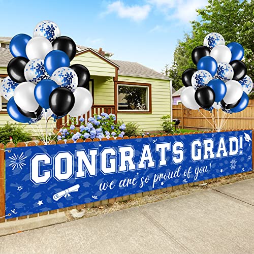 Image of 37Pcs Graduation Banner Balloon Decorations Class of 2026, Congrats Grad Banner Yard Outdoor Decorations, Graduation Balloons Banner Set for High School College Graduation Party Supplies, Blue