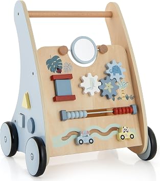 HONEY JOY Baby Push Walker, Wooden Infant Walker Activity Center with Shape Sorter, Develop Motor Skills & Creativity, Push Toys for Babies Learning to Walk, Gift for Boys and Girls, Blue