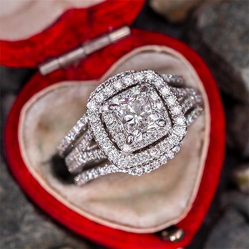 925 Sterling Silver Shiny Full Diamond Gemstone Ring 18K Gold 3PCS Square Cut Cubic Zirconia Promise Rings Set CZ Diamond Multi Row Ring Eternity Engagement Wedding Band Ring Sets Z.94 (US Code 7)