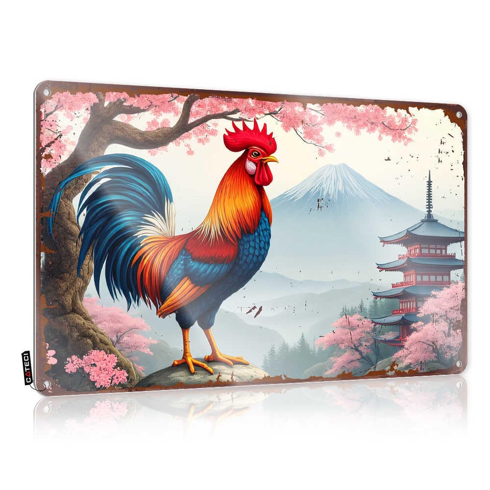 Fzfn Colour Colorful Rooster Amidst Cherry Blossoms And Japanese Pagoda Farmhouse Grunge Room Decor Aesthetic - Decorations Custom Hanging Wall Decor(30X40cm)