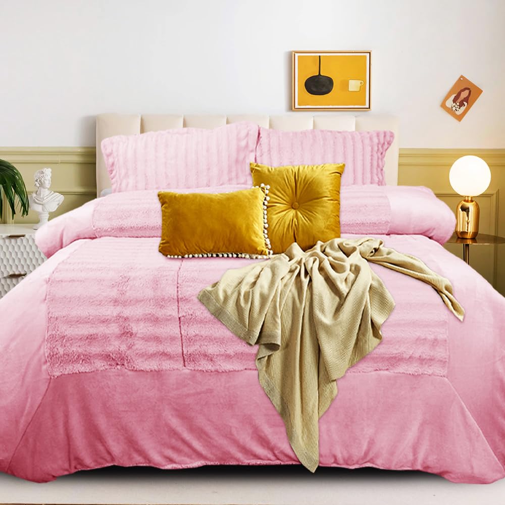 B&B Plush Velvet Bedspread Bed Throw Single Bedding Set Super Soft Sherpa Fleece Cozy Warm Bed Blanket Bedspread Comforter Set for Sofa Bed Couch - Pink Roma