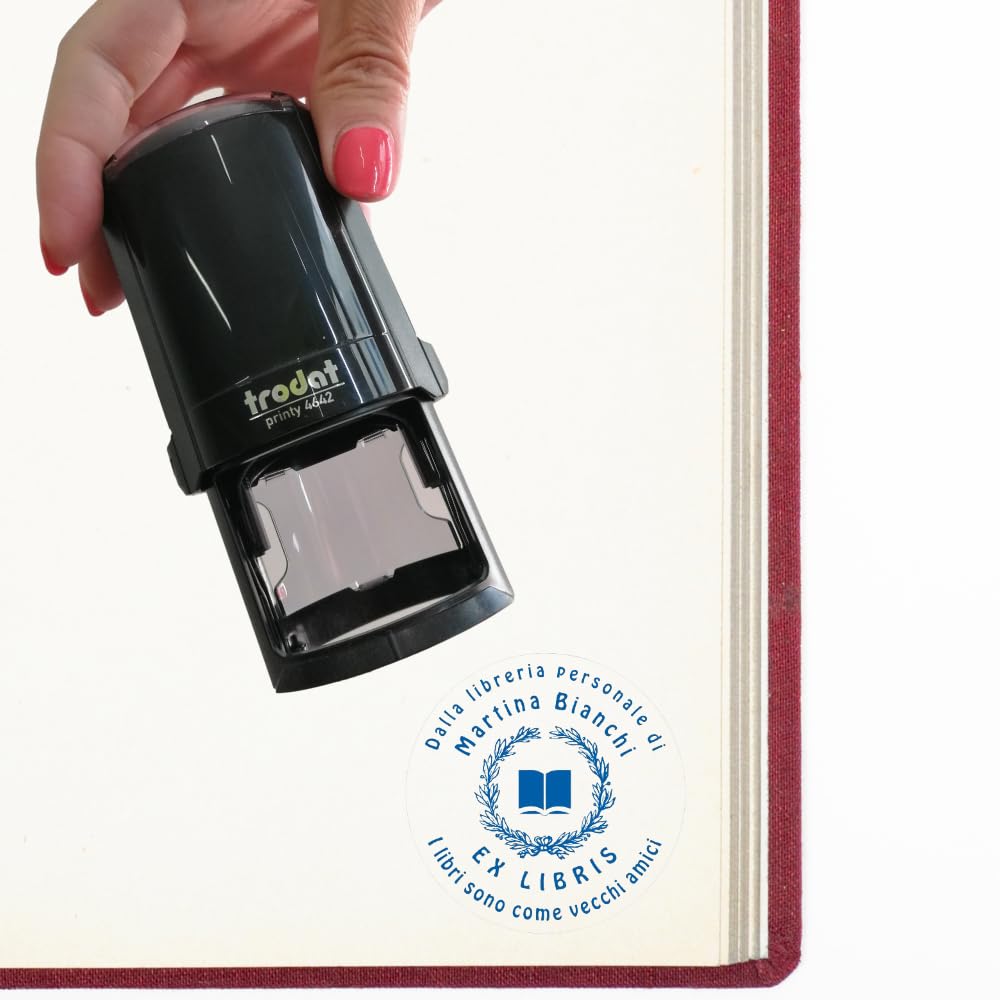 Trodat Timbro Ex Libris Monogramma PERSONALIZZATO "Corona di Alloro", Impronta Rotonda Ø 42 mm, Autoinchiostrante Printy, Libri, Biblioteca, Club del Libro (Impronta Blu)