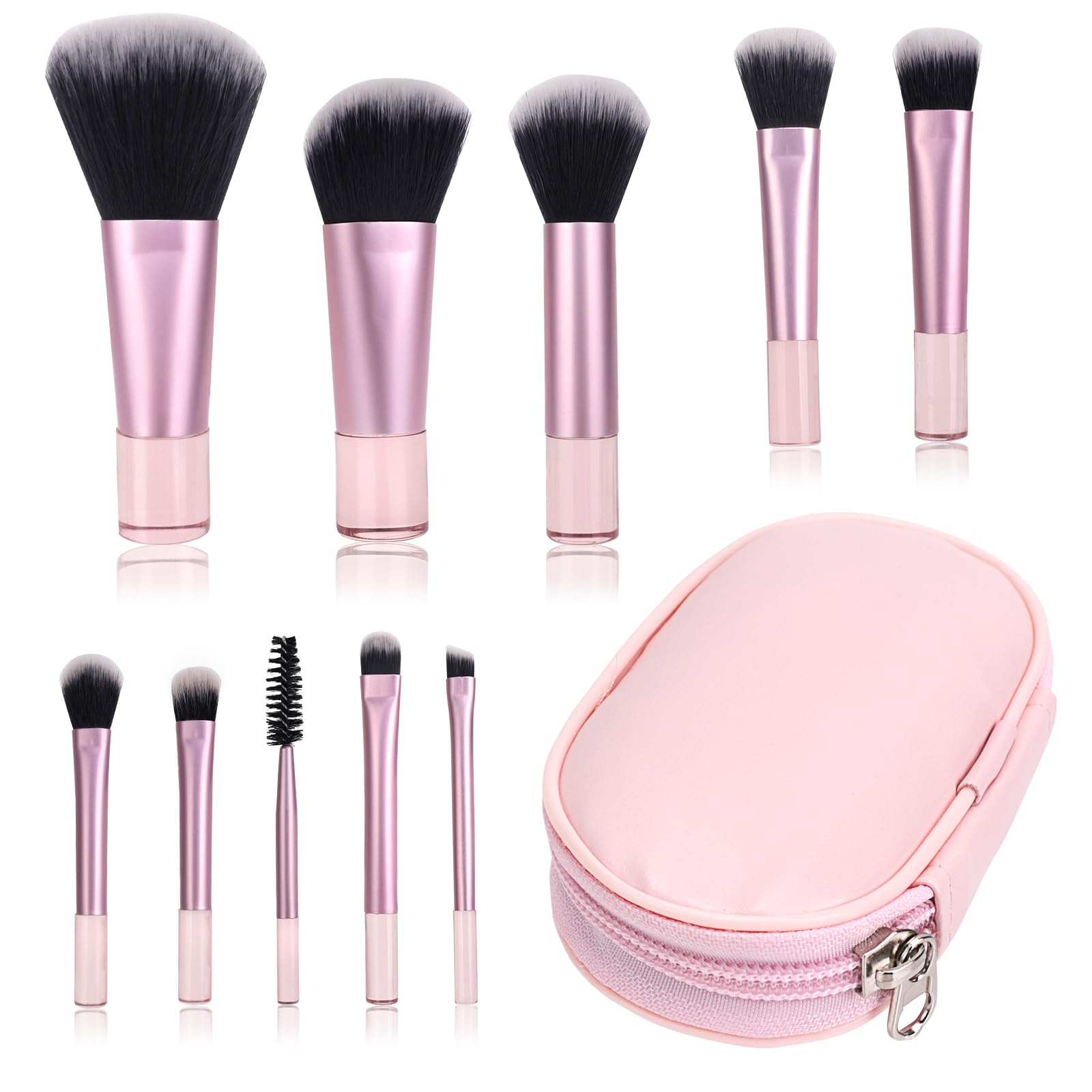 Mini Pinceles Set Maquillaje, 10 Piezas Conjunto de Maquillaje Pinceles Portátil de Viaje con Bolsa de PU, Set De Pinceles CosméTicos, Set de Brochas de Maquillaje Portátil (Rosa)