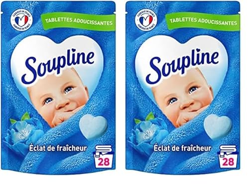 SOUPLINE - Tablettes Adoucissantes Cœurs Éclat de Fraîcheur - 89% d'Ingrédients d'Origine Naturelle - Testées Dermatologiquement - 28 Tablettes : 28 Lavages (Lot de 2)
