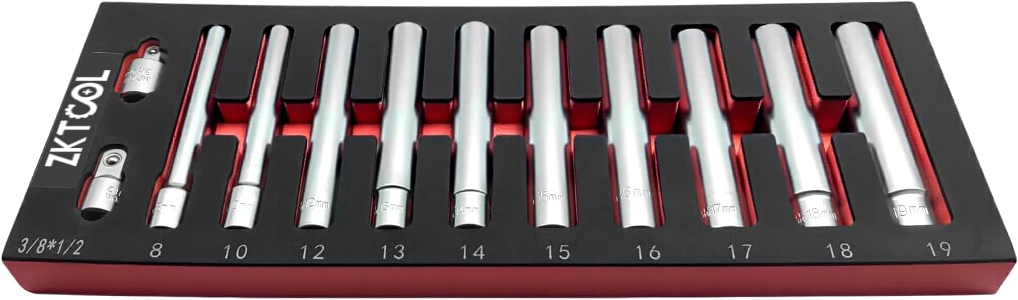 ZKTOOL 12PCS Deep Metric Socket Set 1/2 3/8-Inch Drive 6PT 8-10-12-13-14-15-16-17-18-19MM With 1/2 3/8-Inch Adapter- Extra Long Deep 120MM
