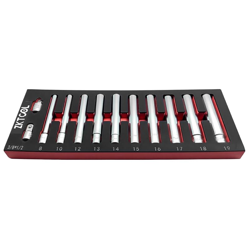 Kit de Soquetes Métricos Extra Longos ZKTOOL em Aço CR-V, Encaixes de 9,5 e 12,7 mm, 6 Pontos, 8 a 19 mm, com Adaptador, 13 peças