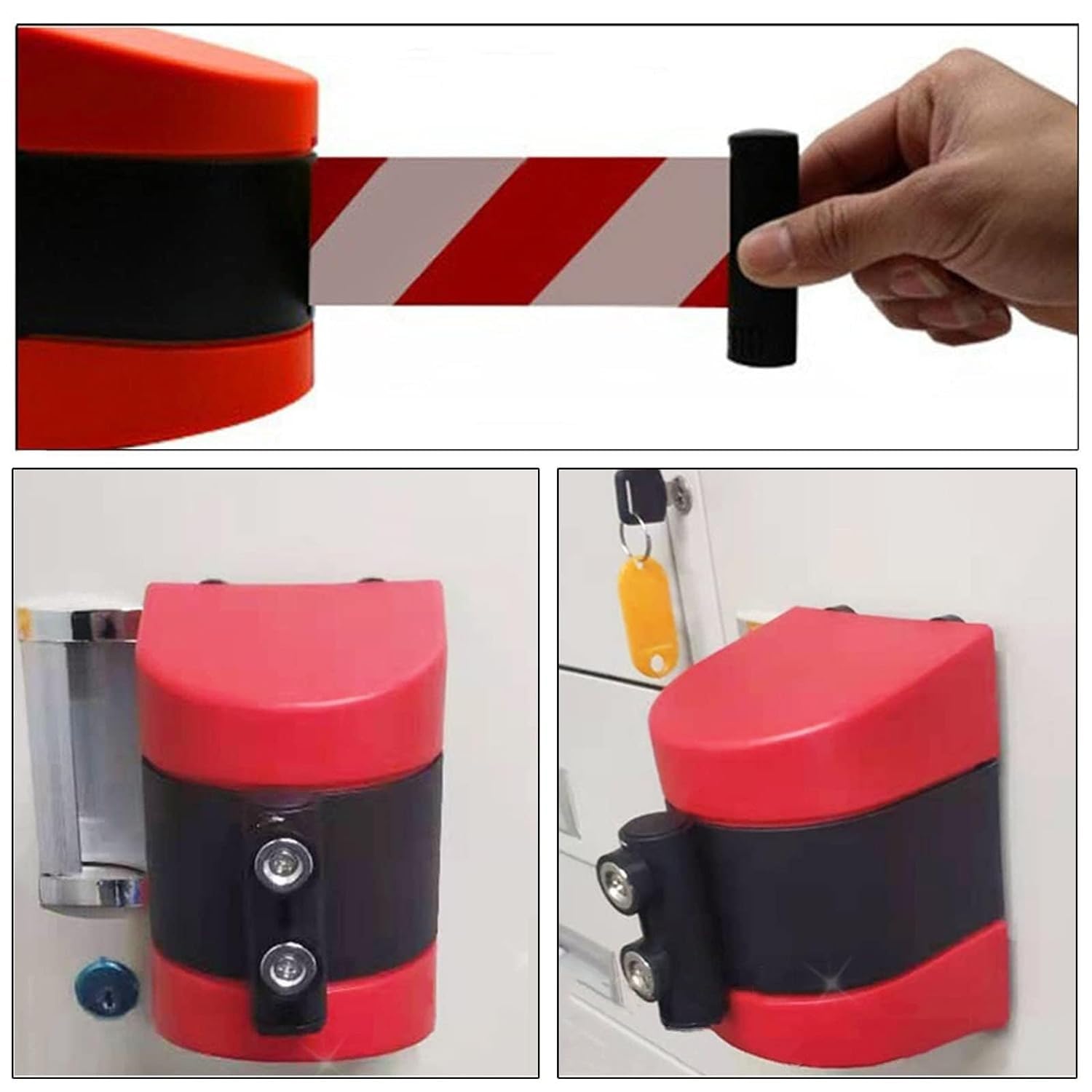 Barriera Magnetica per Cintura Retrattile montata a Parete, Nastro barriera barriera per Cintura Retrattile di Sicurezza montata a Parete, Striscia Rossa/Bianca(10m/32ft)