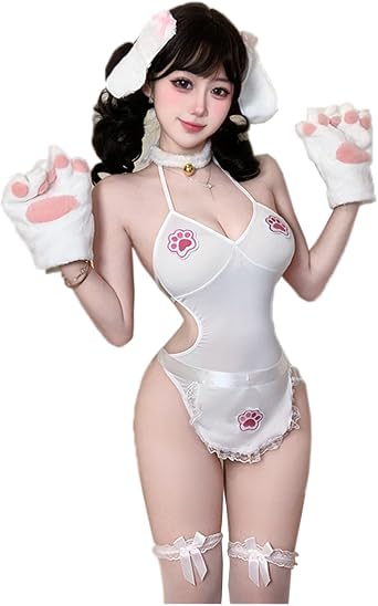 Womens Maid Costume Cute Cat Lingerie for Women French Maid Outfit Anime Cosplay Role Playing Bodysuit Fancy Dress Naughty Apron