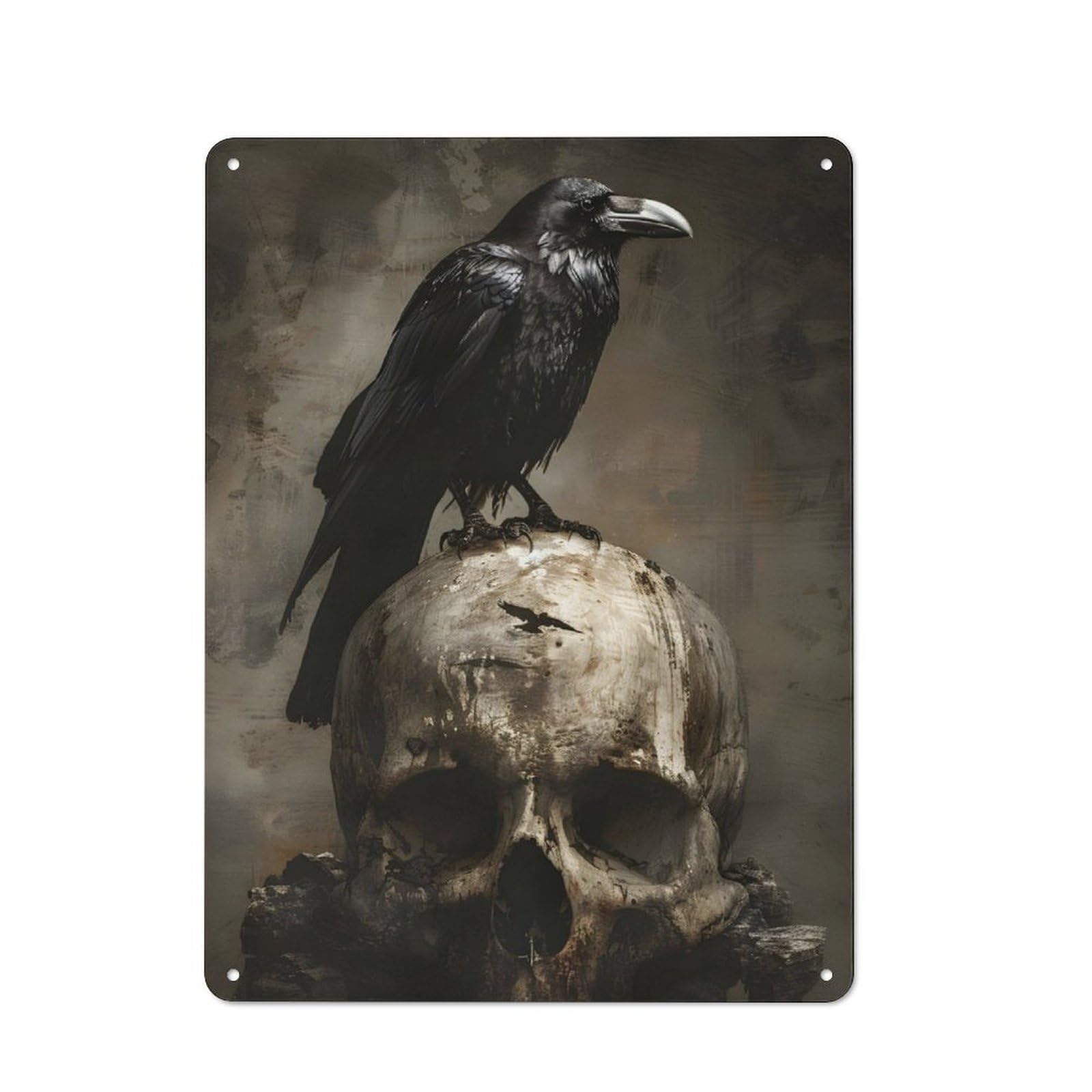 Junmoney Raven Sitting On Skull Tin Wall Plaque 40X30cm With For Studio Or Craft Room, For Metal Sign Collectors, For Kitchen And Home Bar Decor