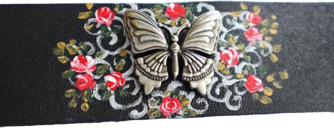 Romantic Adjustable Black Leather Butterfly Stud Cuff Bracelet with Artist Hand Painted Red Roses and Silver Swirls Boho Chic Jewelry for Women Teen Girls