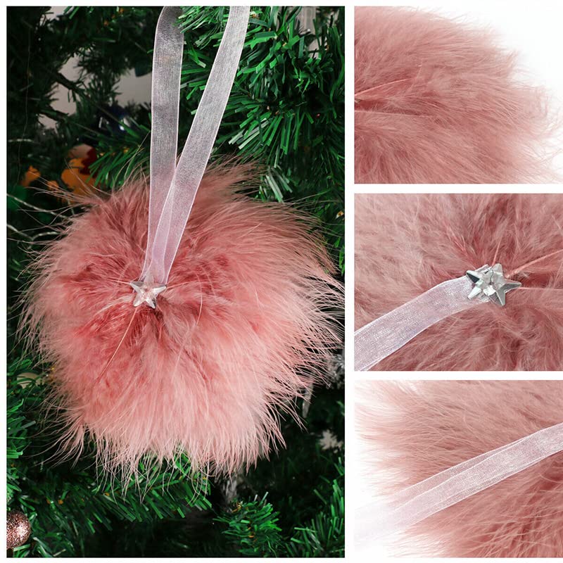Décoration De Noël Boule En Mousse Avec Plumes - 7 Cm, Léger - Couleurs Rose, Blanc, Beige - Pour Sapin Ou Déco Maison