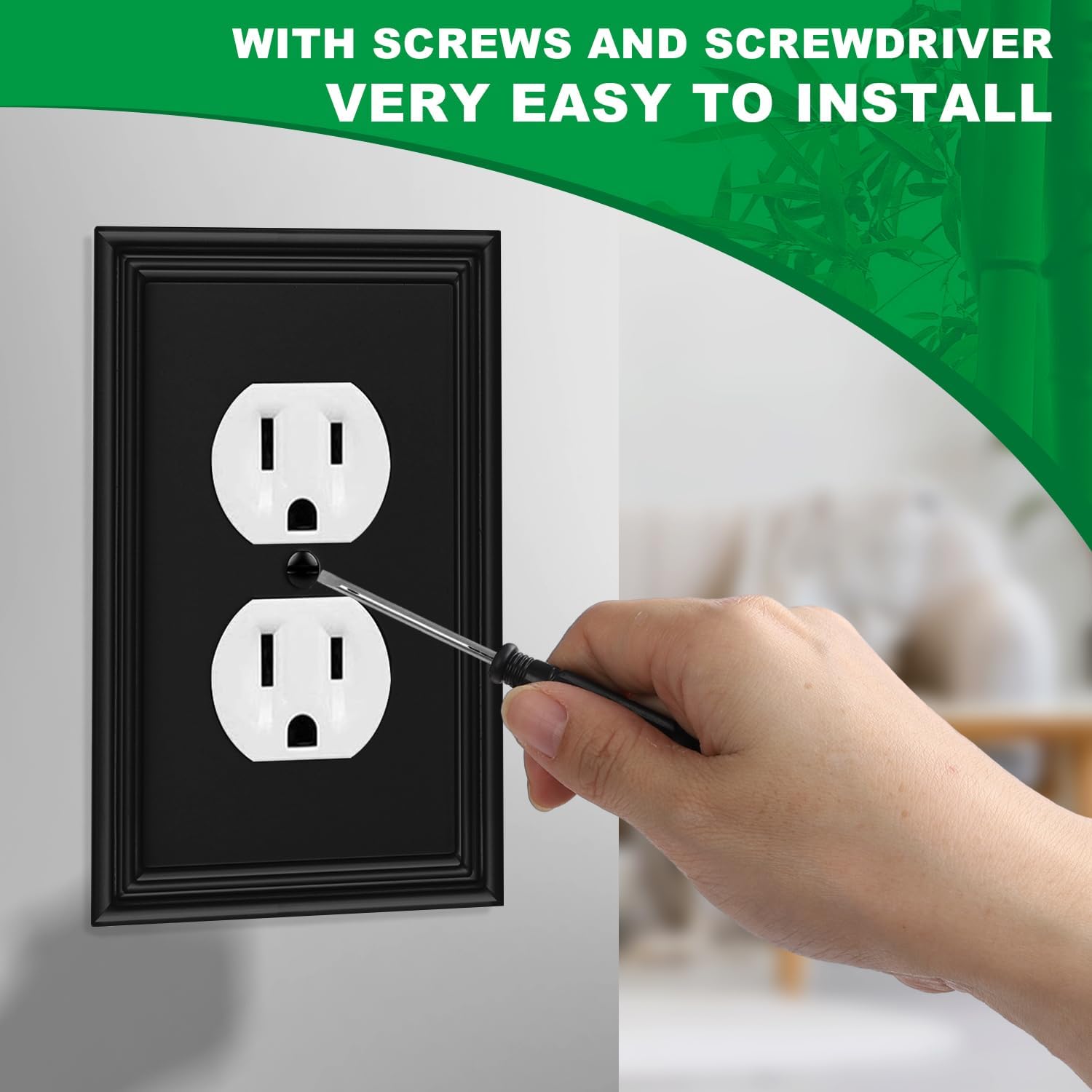 Matte Black Decorative Outlet Covers Wall Plates, Natural Material Electric Receptacle Cover Switch Plate Outlet Cover - Modern Style (1 Gang Single Duplex 4 Pack)