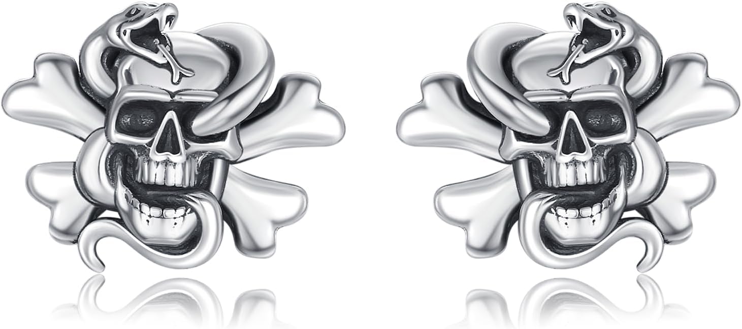 Skull Earrings 925 Sterling Silver Pirate Skeleton Earrings Skull Snake Stud Crossbones Earring Hypoallergenic Gothic Earring Halloween Jewelry Gift for Men Women