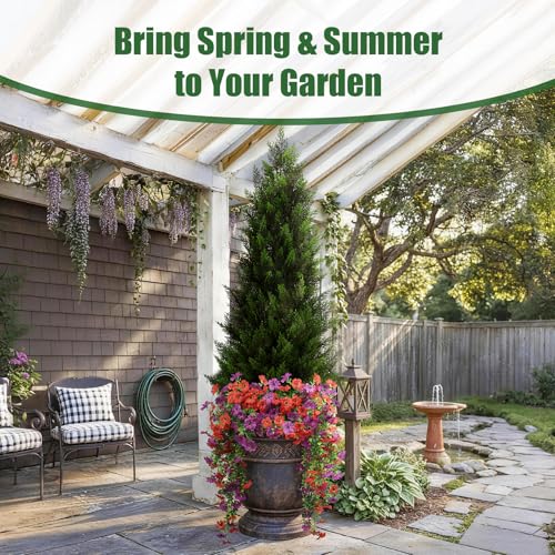 Image of Vitalismo Artificial Topiary Cedar Trees 4FT Tall 2 Set with 12 Bundles Faux Silk Flowers, Outdoor Indoor Faux Pine Shrubs Plants, Fake Bushes Plants for Home Front Porch Door Patio