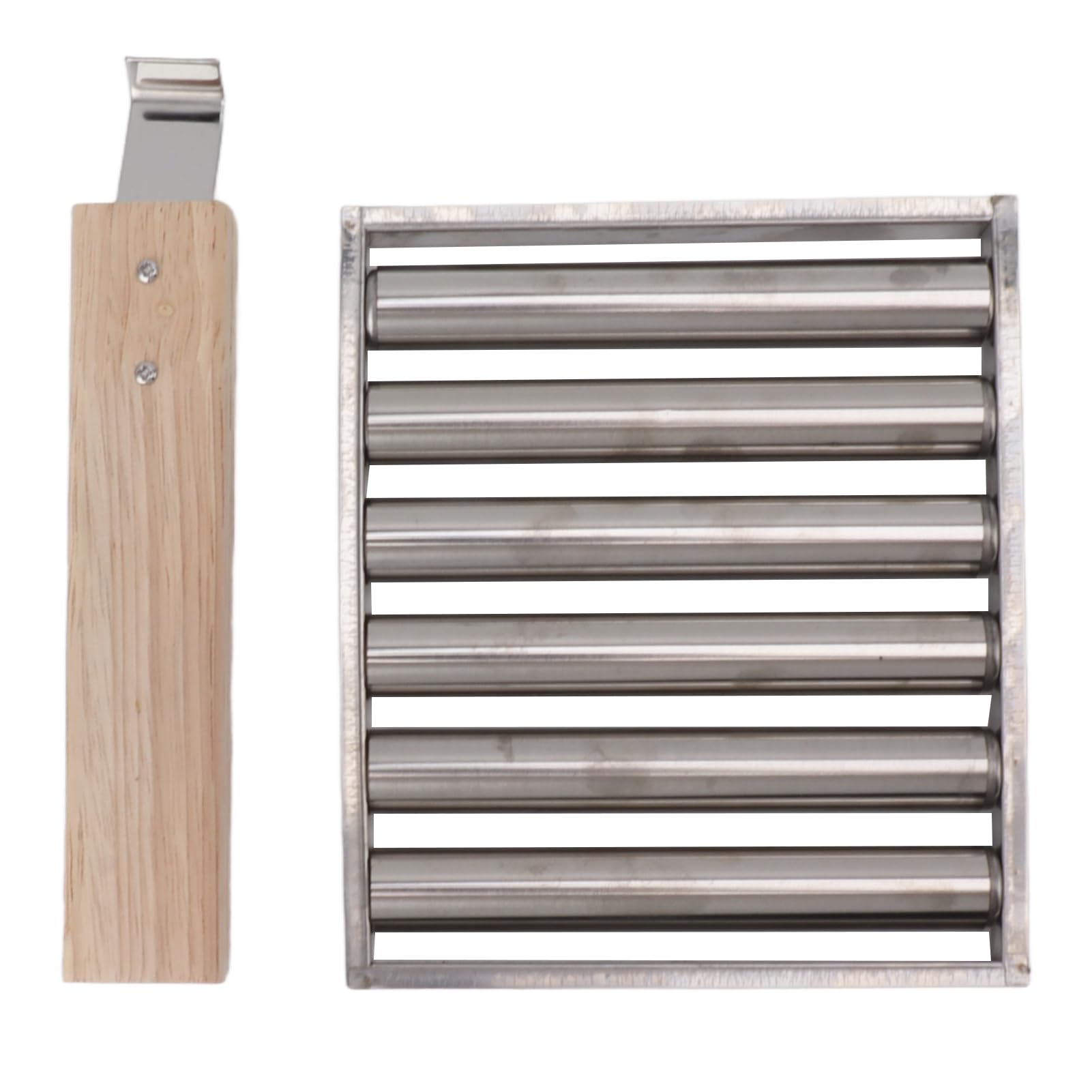 Cryfokt Hot Dog Roller, Stainless Steel Sausage Roller Rack, Extended Wooden Handle Hot Dog Roller Rack, Auto Flip Hot Dog Rack, Evenly Baked BBQ Hot Dog Griller