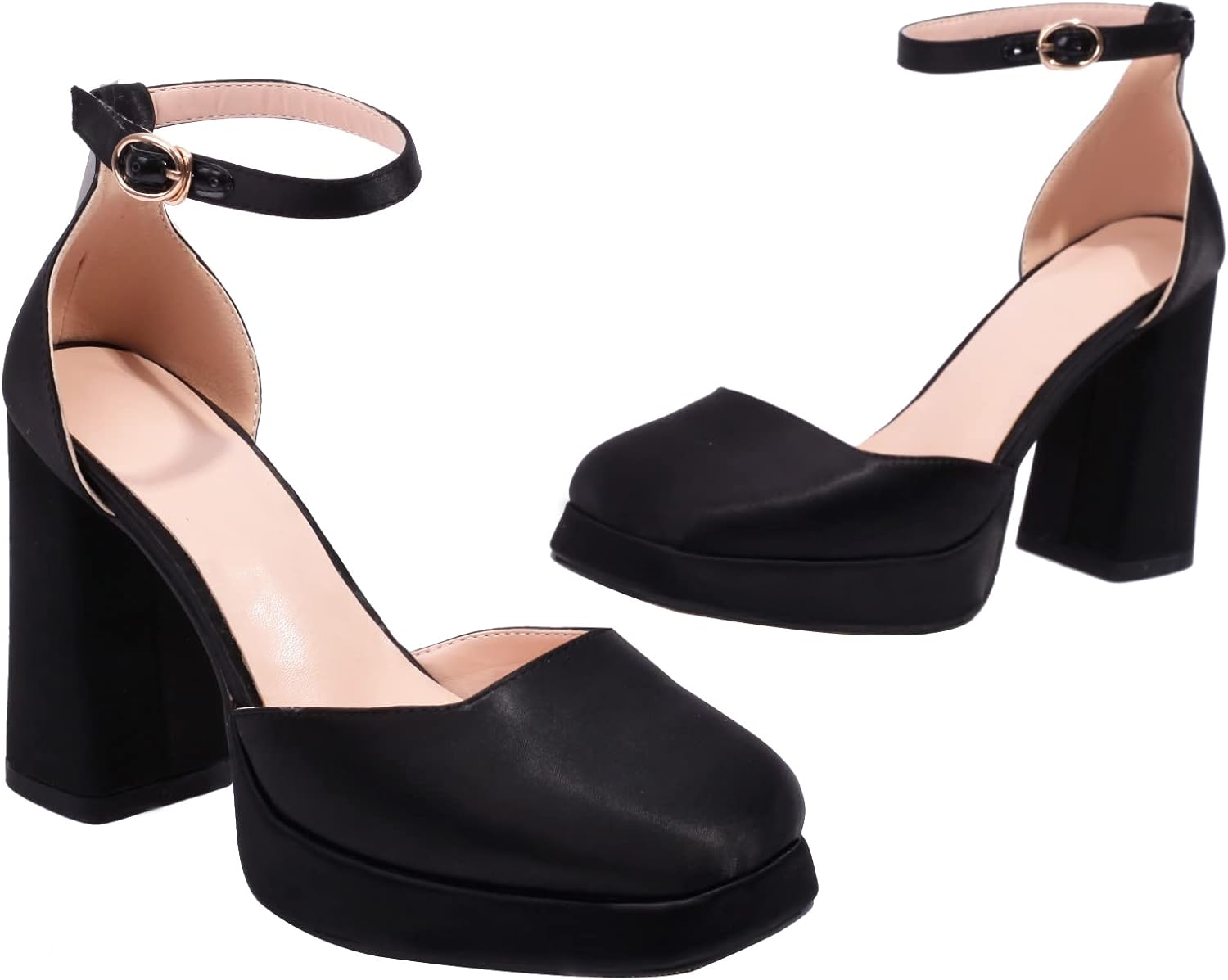 XIEDA Women's Closed Toe Platform Chunky High Block Satin Heels 4 Inch Ankle Strap Party Prom Dress Pumps - Image 5