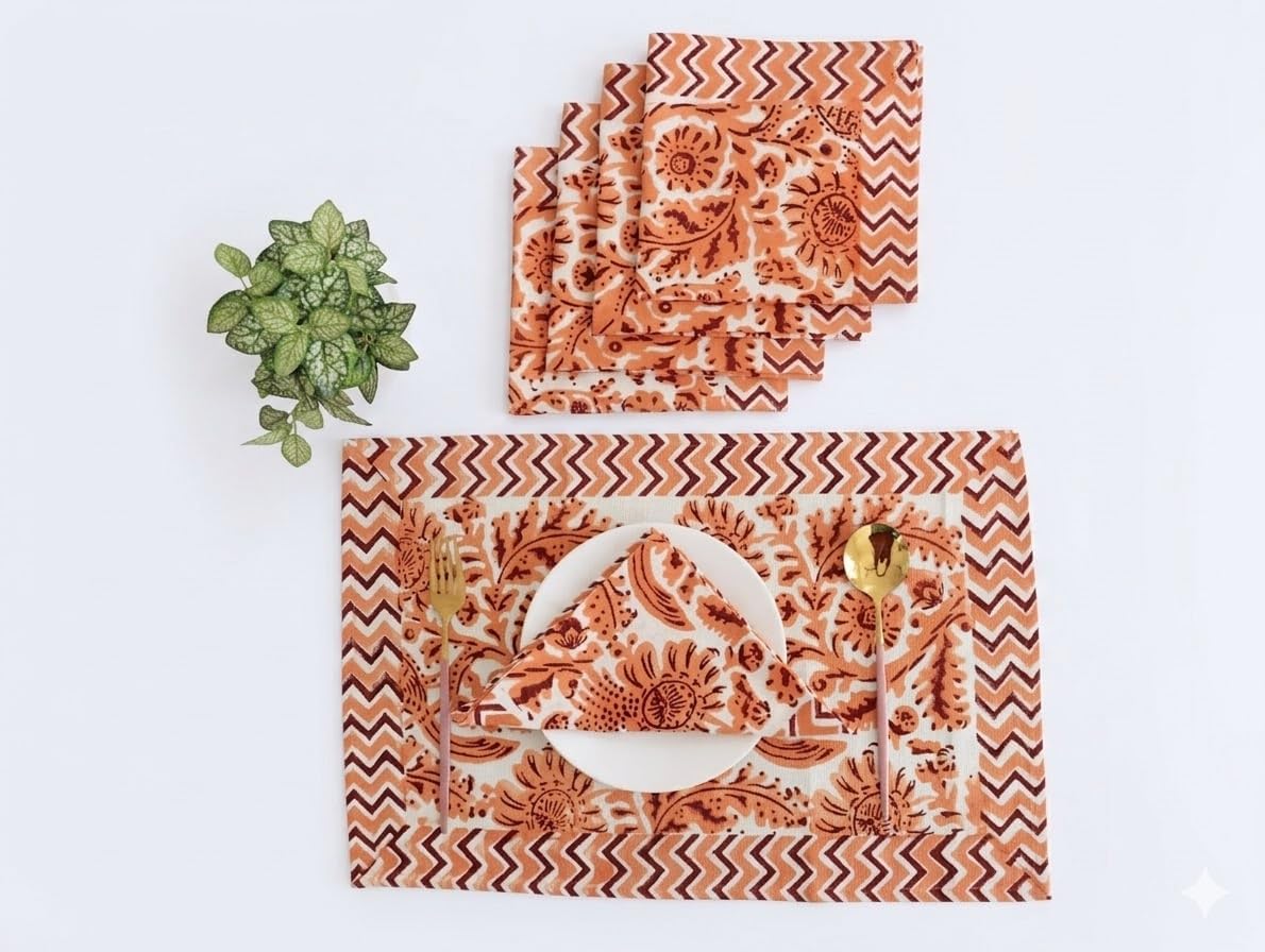 Hand Block Printed Peacock Print placemat Cotton placemats + Napkins Block Printed Cotton tablemats Handmade placemats + Napkins Set Gift mat - 13x20, Napkin - 16x16 inches (Set of 6)