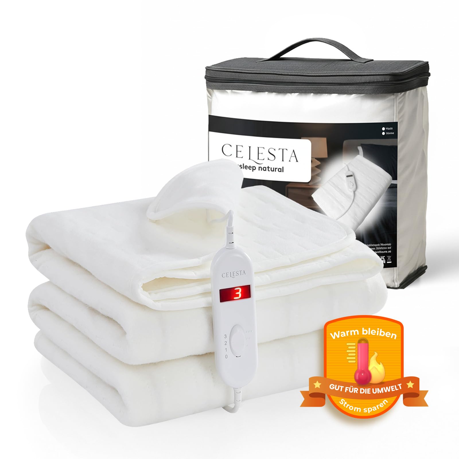 CELESTA Wärmeunterbett 150x80cm, Heizdecke mit 3 Temperaturstufen, LED-Controller & Überhitzungsschutz, maschinenwaschbar & atmungsaktiv, Weiß