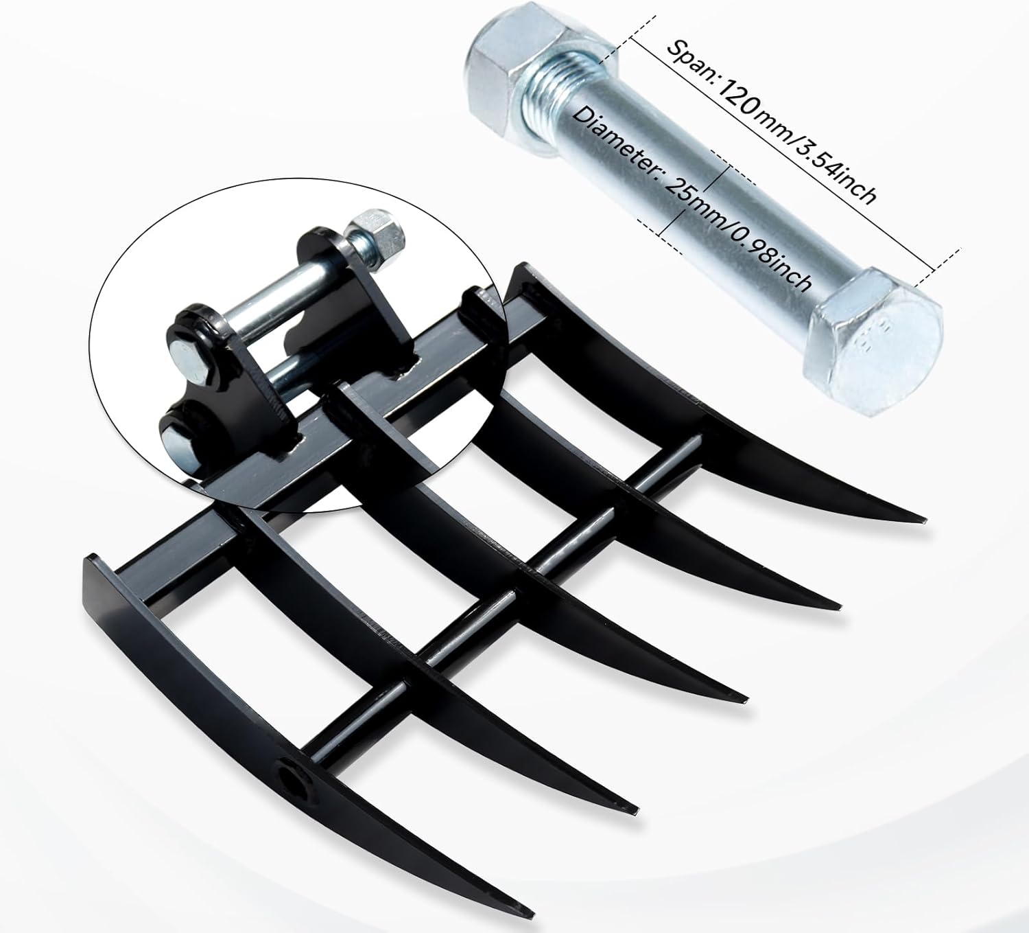 Mini Excavator Rake Metal Wide Backhoe Rake, Hole Diameter: 25MM/0.98in, Span: 90MM/3.54in for Excavator Attachment