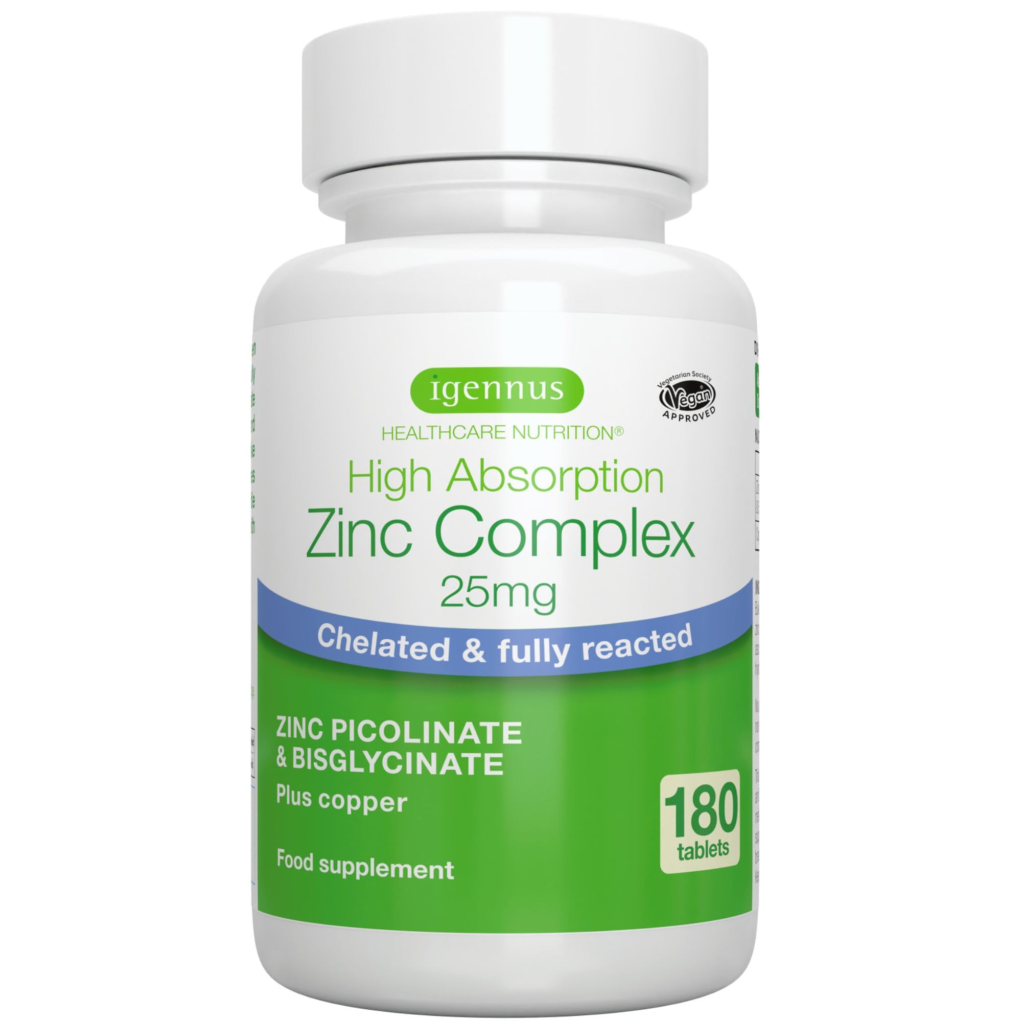 Igennus Clean Chelated Zinc Picolinate & Bisglycinate Complex 25mg with Copper, 6 Month Supply 180 Tablets, High Absorption & Lab Verified, Non -GMO, Supplement for Men & Women, Immune Support & Skin