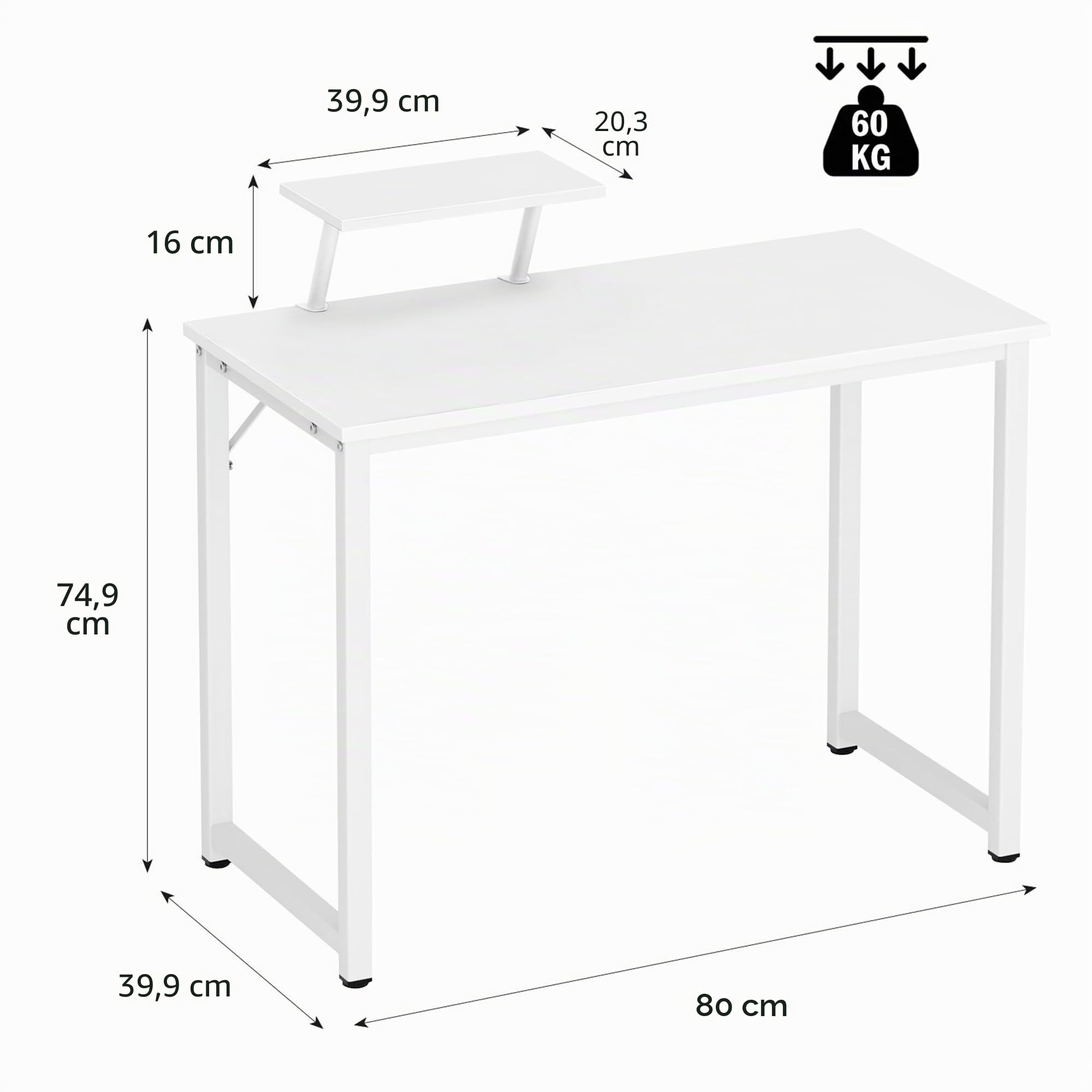 soges Scrivania per computer, piccolo tavolo da lavoro, in legno e telaio in metallo, con supporto, tavolo per laptop, tavolo da studio per casa e ufficio, 80 x 40 cm, bianco