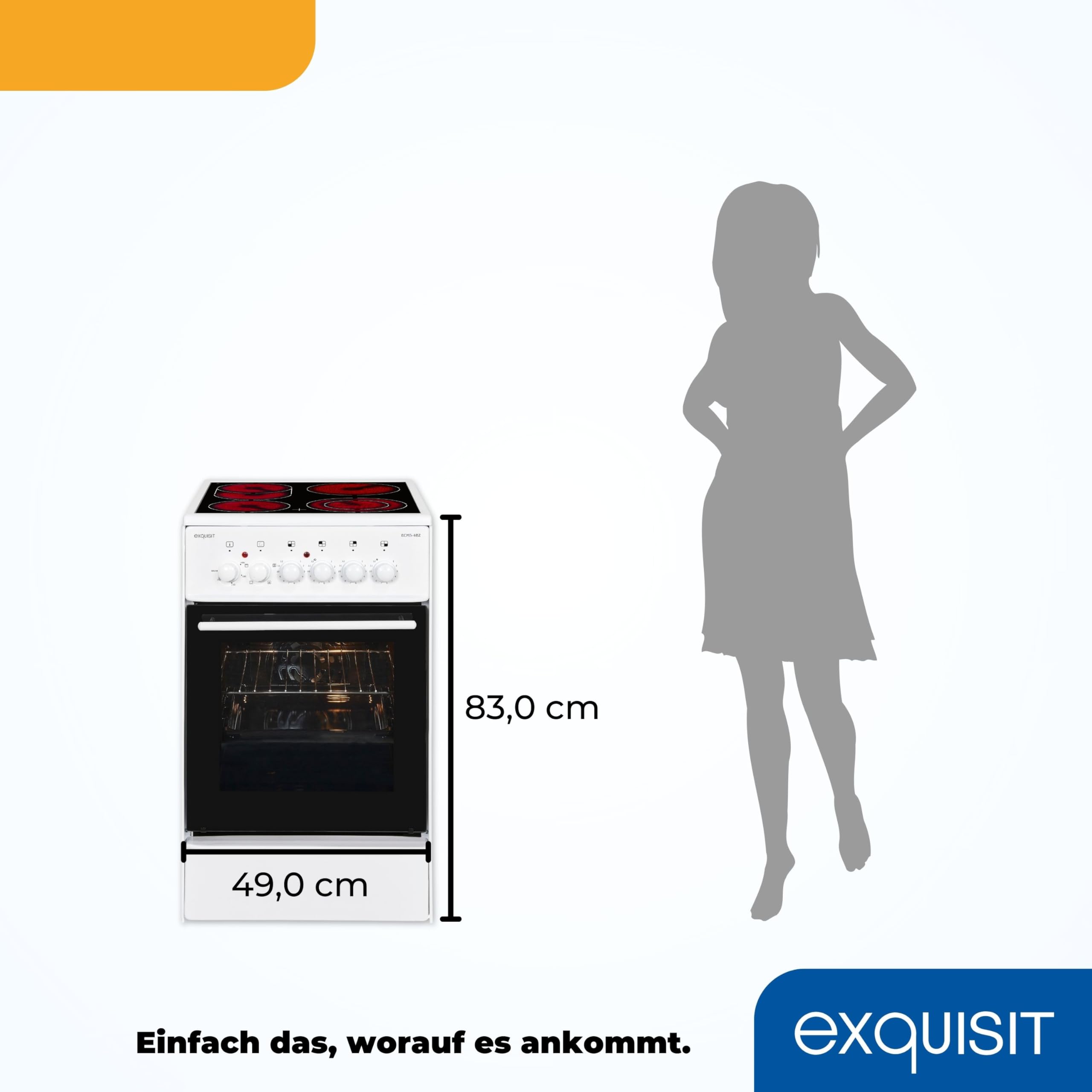 Exquisit Standherd 50 cm Elektroherd freistehend Glaskeramik-Kochfeld 2-Kreis-Bräterzone Backofen Umluft 46 Liter Energieklasse A Weiß