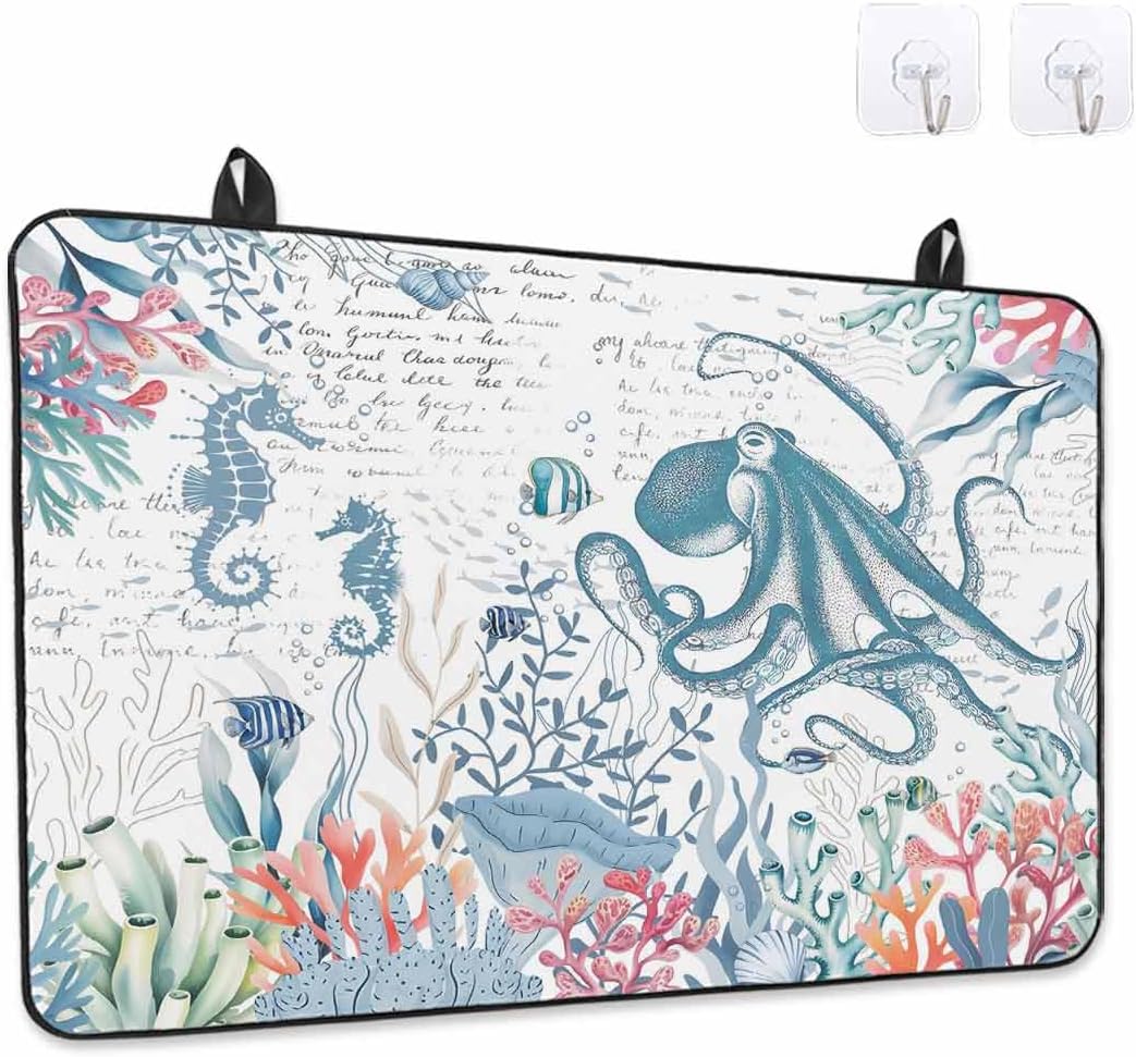Stove Top Cover Sea Octopus Stove Cover for Electric Stove Top Coral Shell Fish Marine LIfe Glass Cooktop Covers Anti-Slip Mat Heat Resistant Countertop Protector Kitchen Decor 31"x24"